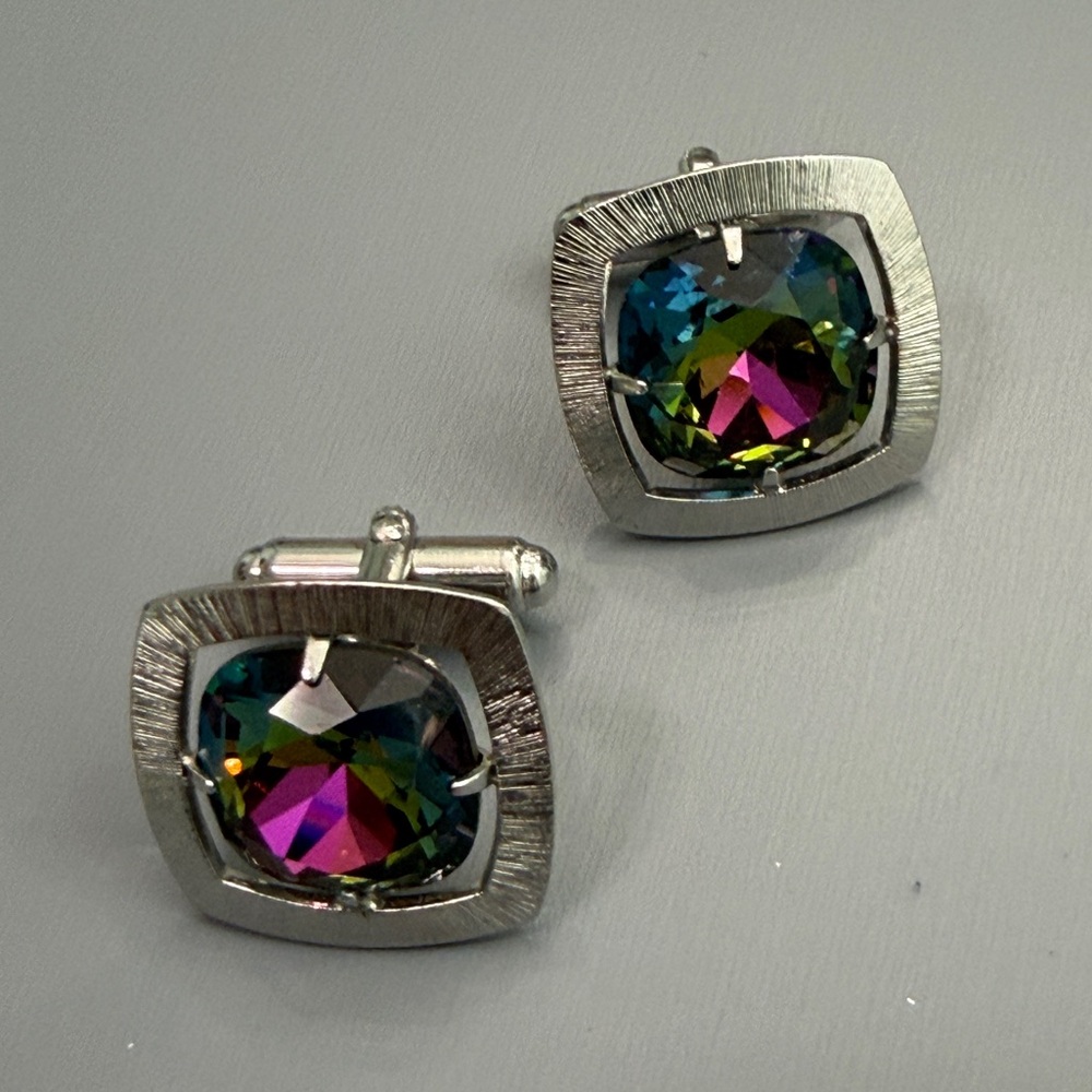 Vintage Anson Silver Set Watermelon Rhinestone Mid Century Modern Cufflinks